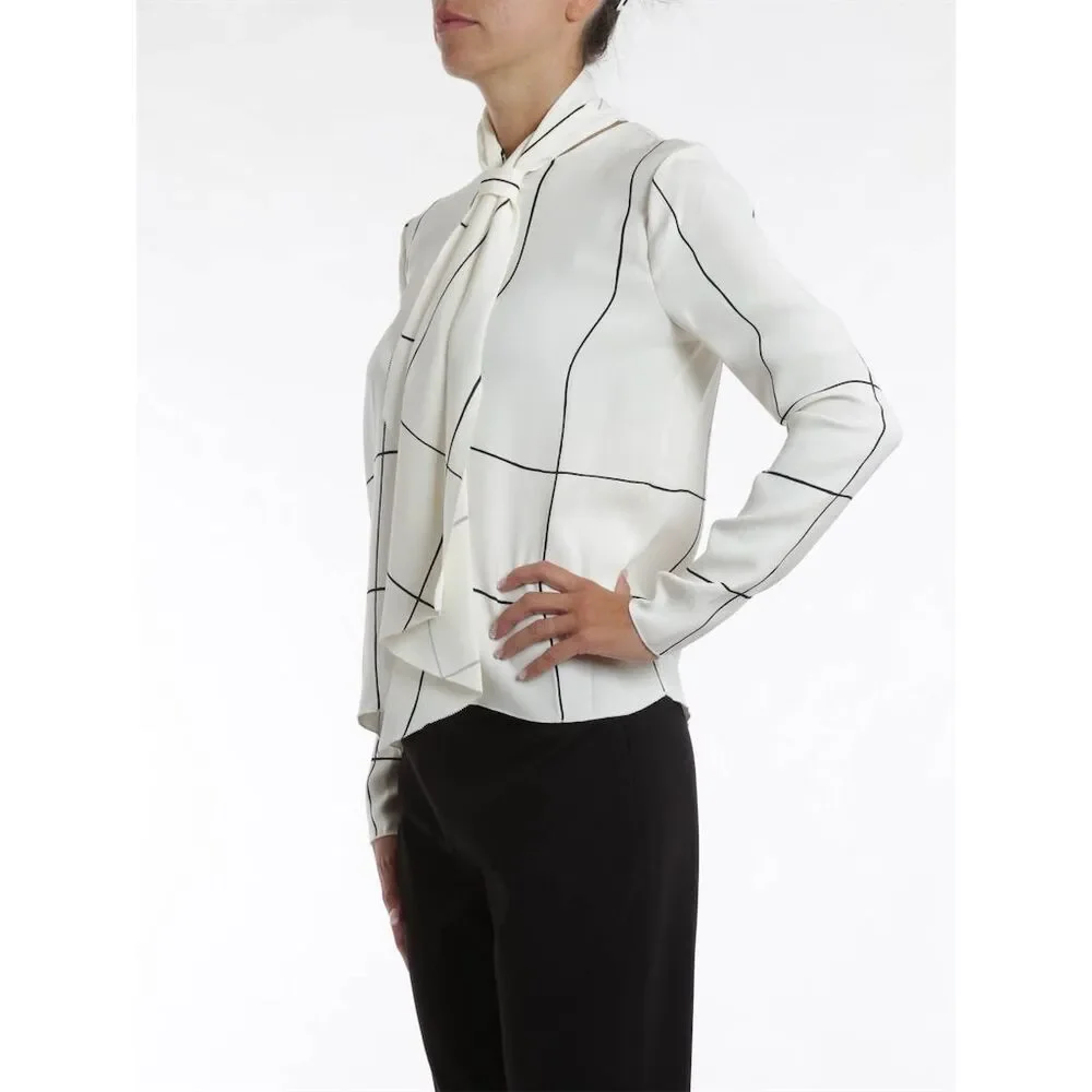 Tory Burch Window Pane Check Silk Windsor Tie Ivory Long Sleeve Blouse, S/6